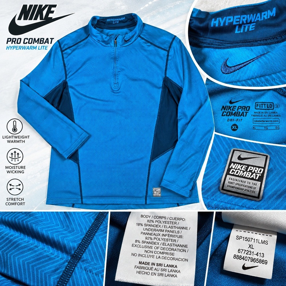 Nike Pro Combat Hyperwarm Lite Mens XL Blue Spandex 1/4 Zip L/S 677231-413